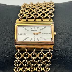 Olympic Gold Tone Crystal Accents Women’s Watch Working New Battery